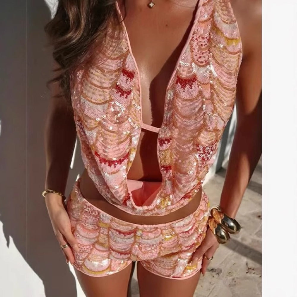 Pink Sequin Halter Top and Shorts Set for Women - Larissa