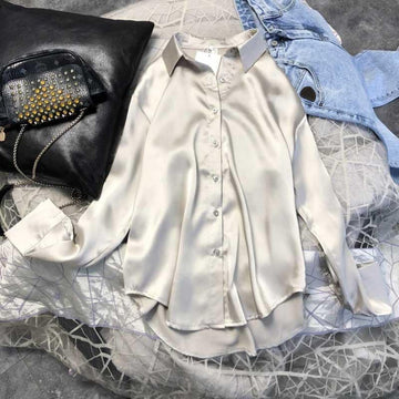 Satin Button Up Long Sleeve Shirt for Women - Leonia