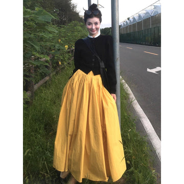 Yellow High Waist Maxi Skirt with Pleats for Women - Rosa