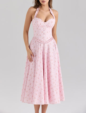 Romantic Sweet Pink Floral Sexy Slimming Beam Waist Backless Halter Dress