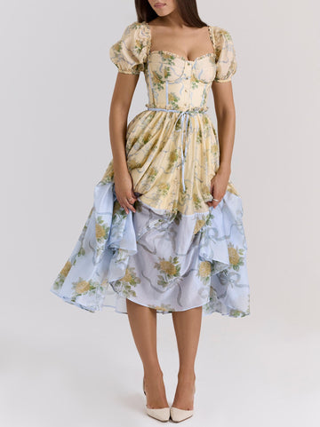 Sweet Printed Chic Puff Sleeve Mid Length Dress