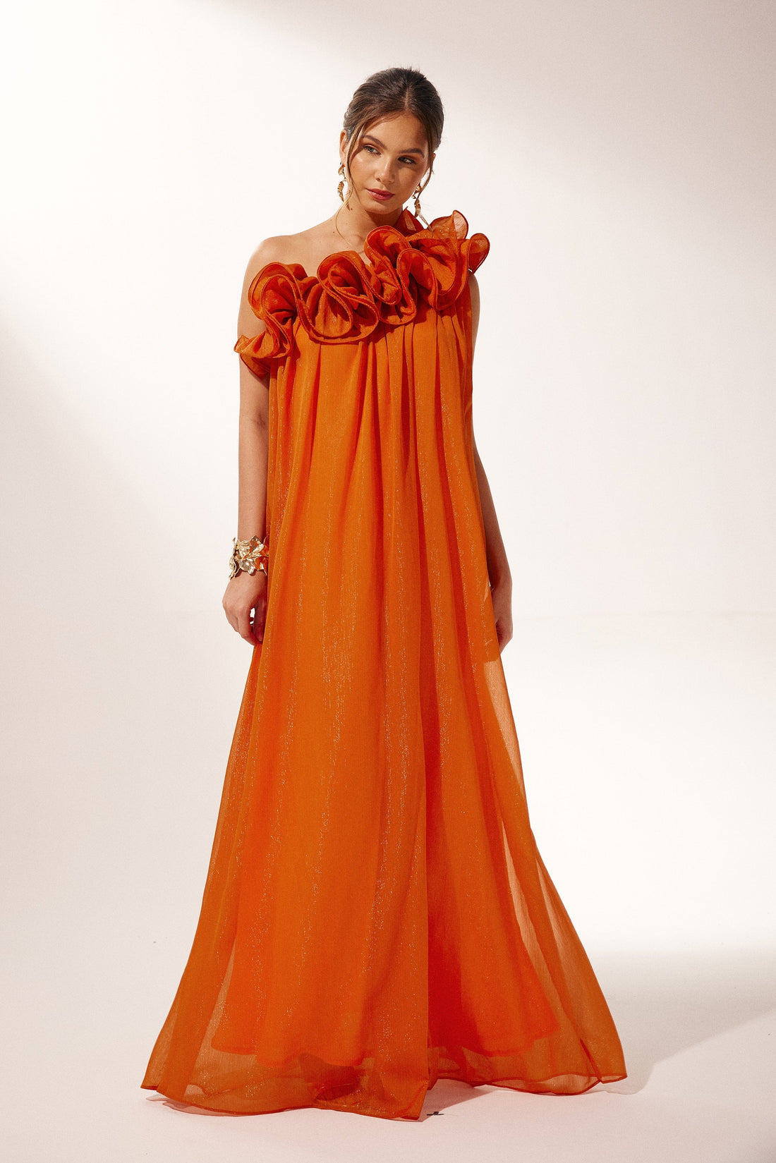 Orange Ruffled One-Shoulder Maxi Dress for Women - Agnese