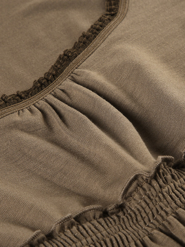 Brown Vintage Square Collar Stitching Long Sleeve Tee