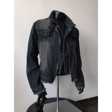 Dark Blue Denim Jacket with Frayed Hem for Men and Women - Diana