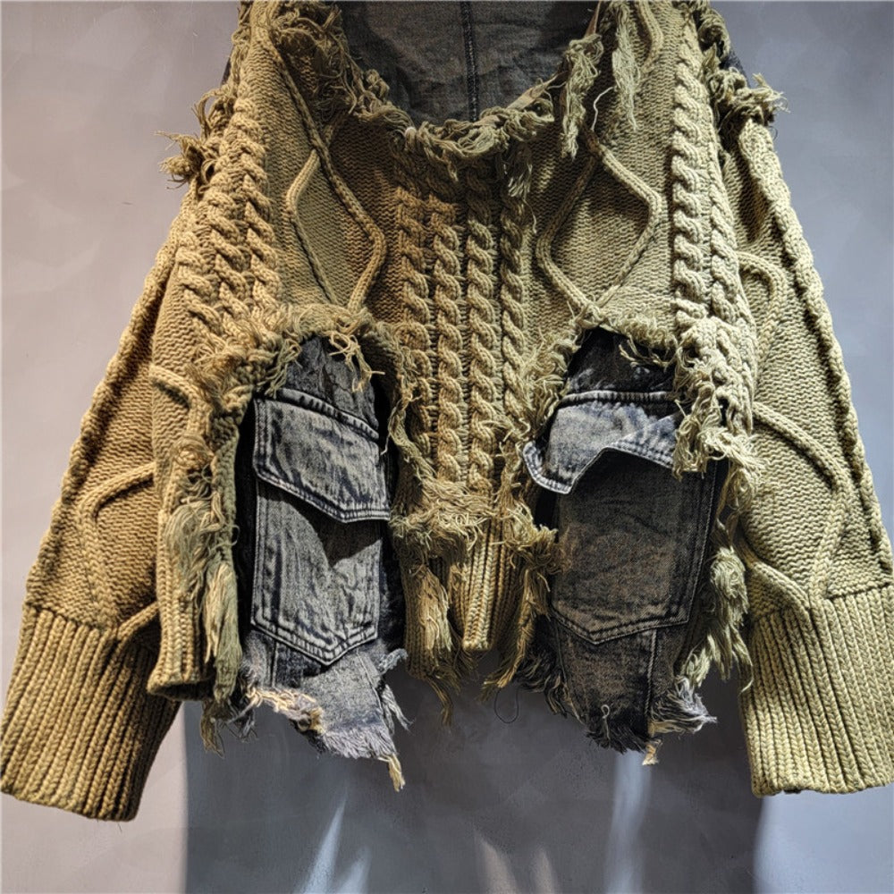 Distressed Knit Sweater with Denim Patchwork for Women - Piera