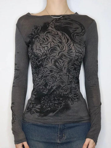 Dark Gray Punk Graphic Print Long Sleeve Tee
