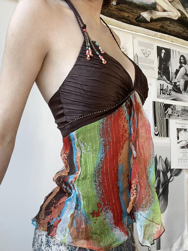 Brown Vintage Resort Style Beading Halter Vest