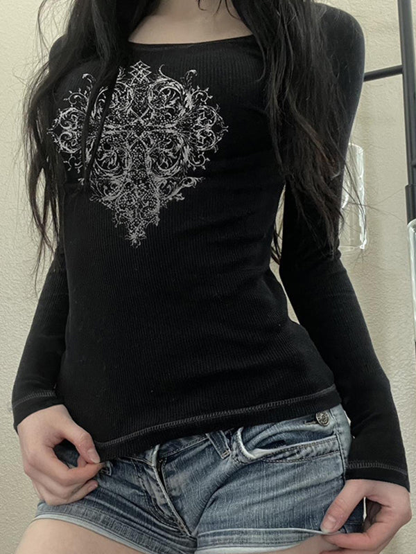 Black Vintage Print Long Sleeves Tee