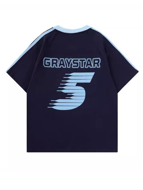 Navy Blue 90s Stripe V Neck Oversized Short Sleeve Tee