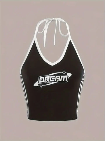 Contrast Y2K Dream Print Halter Neck Crop Cami Top