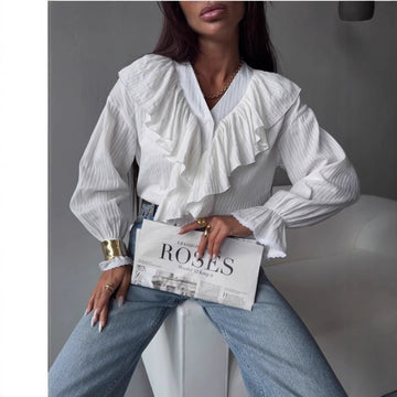 White Ruffle V Neck Blouse with Long Sleeves for Women - Loredana