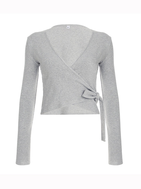 Solid Color Y2k V Neck Long Sleeves Tee