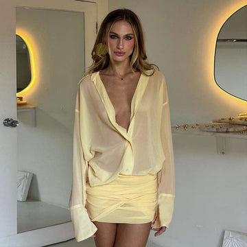 Sheer Long Sleeve Mini Dress for Women - Anastasia