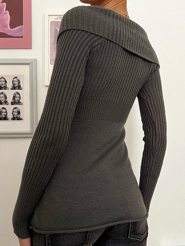 Solid Color 2000s Lapel Long Sleeve Knits