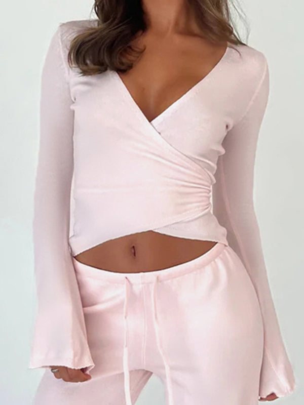 Solid Color Y2k V Neck Long Sleeves Tee