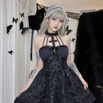 Black Lace Halter Mini Dress with Corset Detail for Women - Linda