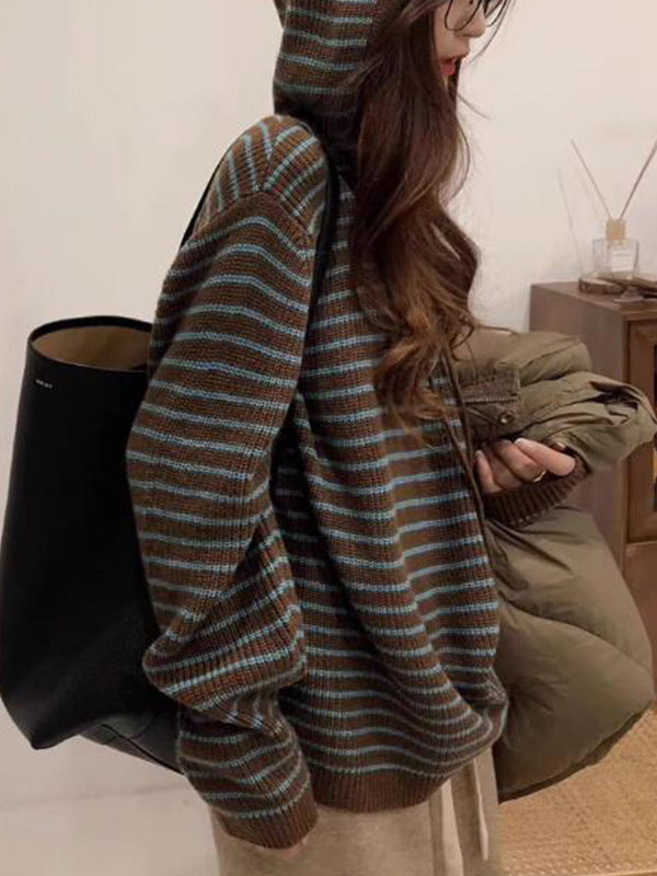 Vintage Coffee Color Hooded Stripe Lace Up Sweater
