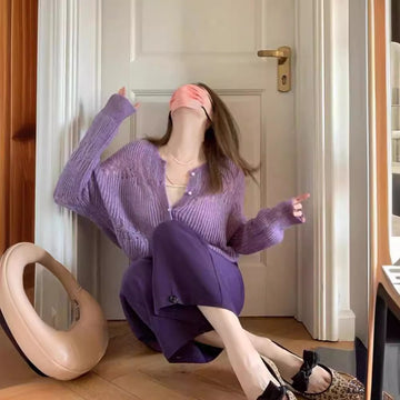 Purple Knit Cardigan Sweater with Long Sleeves for Women - Gelsomina