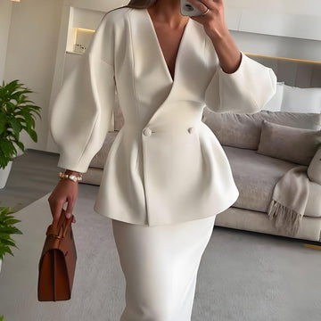 Blazer with Peplum Detail and Matching Skirt Set for Women - Debora
