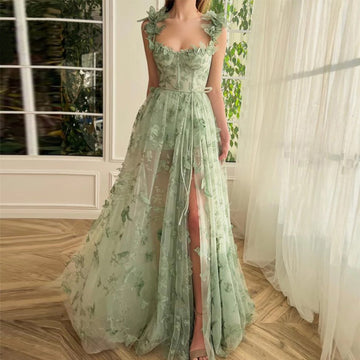 Sage Green Lace Maxi Dress with Side Slit for Women - Sibilla