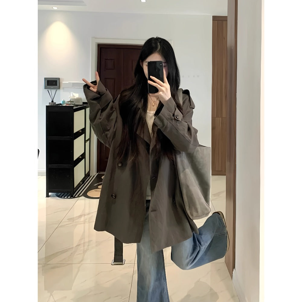 Dark Gray Oversized Double Breasted Trench Coat for Women - Aurora