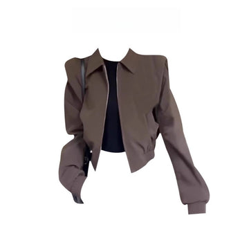 Brown Cropped Zip Up Jacket with Long Sleeves for Women - Ester