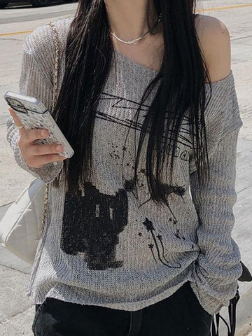 Gray Y2k Cat Off Shoulder Oversized Long Sleeves Tee