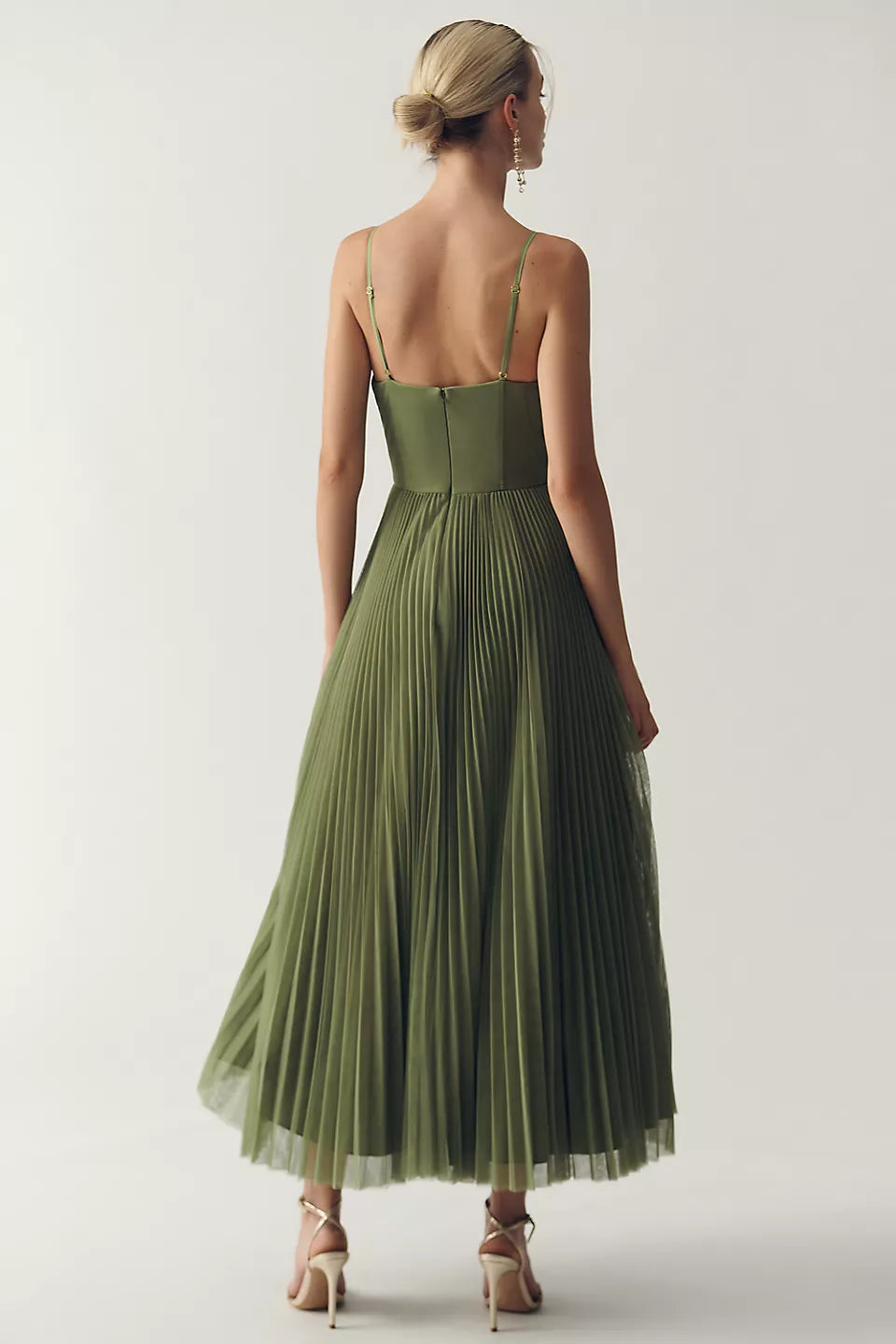Olive Green Pleated Midi Dress with Spaghetti Straps for Women- Patrizia