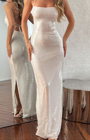 Italia White Sequin Slip Maxi Formal Dress