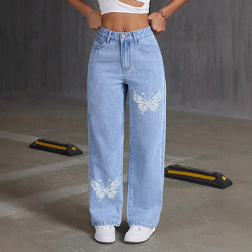 Rhinestone Butterfly Jeans Spring Autumn Straight Slim Fit Trousers