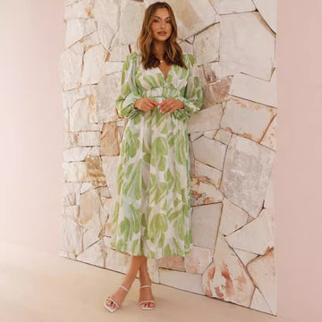Chiffon Printed Long Sleeve Long V neck Tulle Floral Long Sleeve Dress