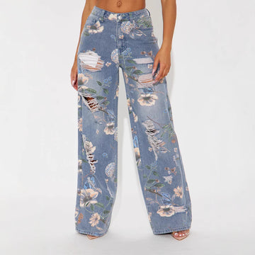 Irregular Asymmetric Pattern Print Ripped Jeans for Women