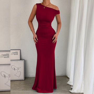 Slant Shoulder Collar Waist Pleated Sleeveless Sexy Dress