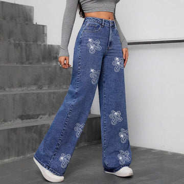 Floral Rhinestone Loose Straight Leg Denim Trousers