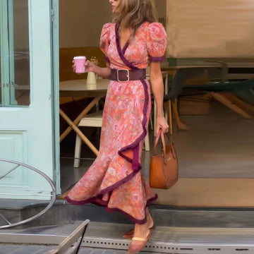Pink Floral Wrap Maxi Dress with Puff Sleeves for Women - Rita
