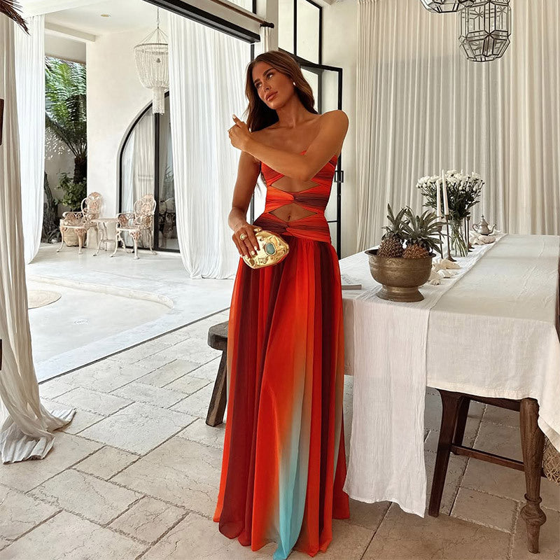 Orange Gradient Maxi Dress with Strapless Cutout Bodice for Women - Daniela