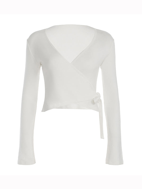 Solid Color Y2k V Neck Long Sleeves Tee