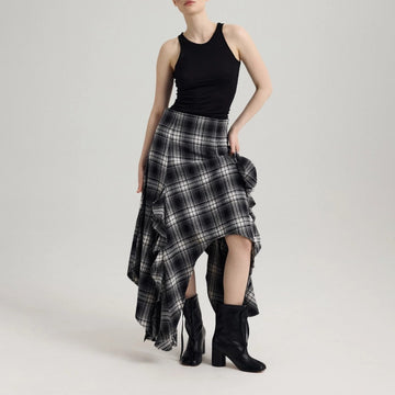Black White Plaid Asymmetrical Midi Skirt with Ruffles for Women - Bianca