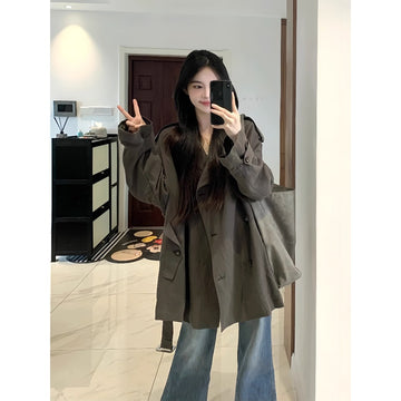 Dark Gray Oversized Double Breasted Trench Coat for Women - Aurora