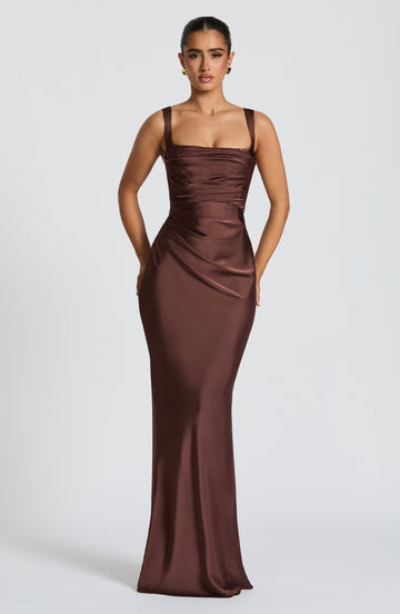 Brown Satin Maxi Dress with Straps for Women - Patrizia