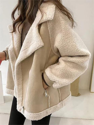 Classic Oversize Vegan Fur Suede Jacket with Lapel Collar