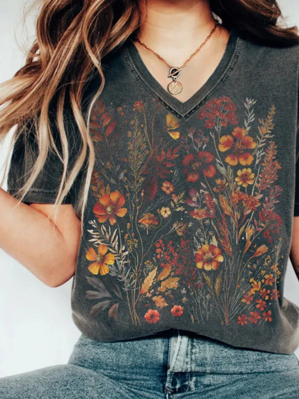 Black 90s Floral Print Oversized Short Sleeve Tee