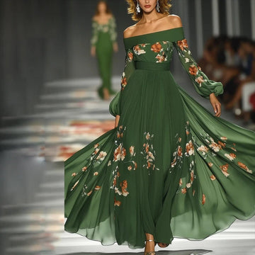 Green Floral Off Shoulder Maxi Dress with Long Sleeves for Women - Renata