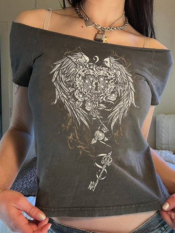 Gray Vintage Wing Print Short Sleeve Tee