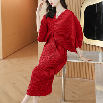 Midi Dress with Pleated Batwing Sleeves for Women - Lina