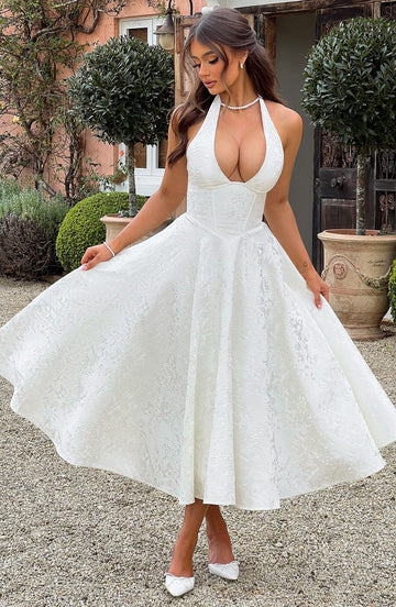 White Halter Midi Dress with Flared Skirt for Women - Natalia