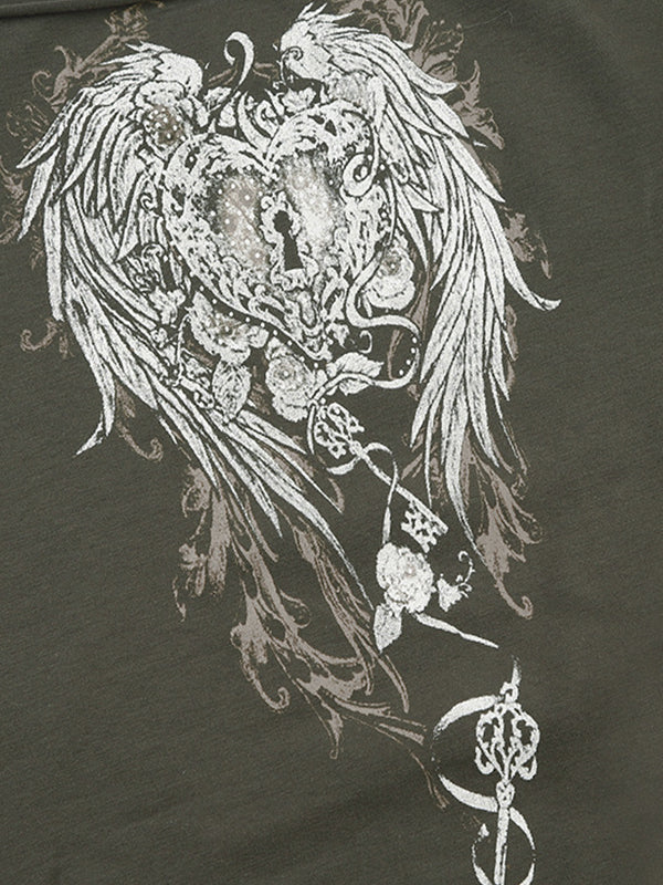 Gray Vintage Wing Print Short Sleeve Tee