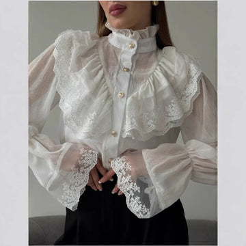 White Sheer Lace Ruffle Blouse with Long Sleeves for Women - Melissa