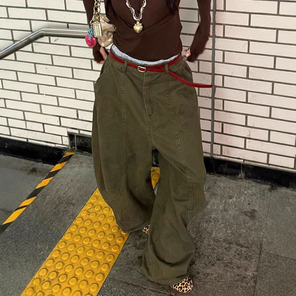 Olive Green Wide Leg Jeans with Loose Fit for Women - Adelaide