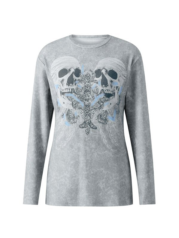 Gray Vintage Cross Skull Printed Long Sleeve Top